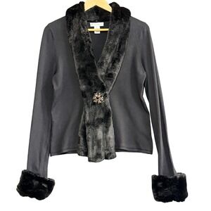 White House Black Market Silk Blend Faux Fur Brooch Cardigan Black XL Mob Wife